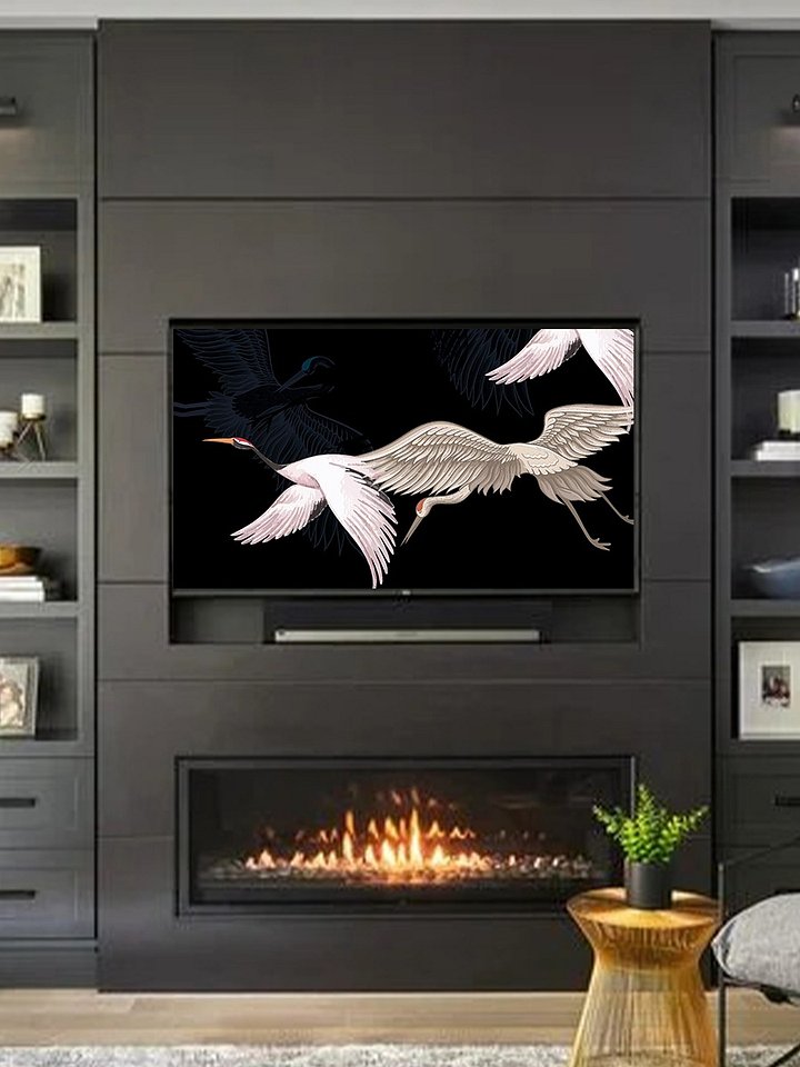 Samsung Frame TV Art Black Japanese Flying Birds Painting Screensaver Digital TV Background product image (1)