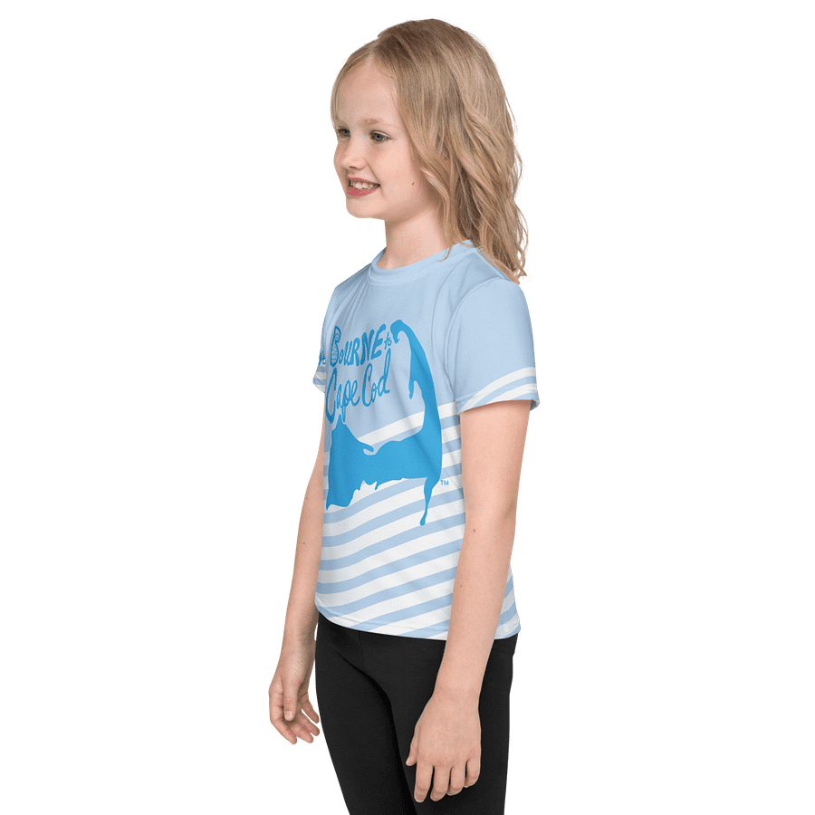 Girls' | Little Kids T-Shirt | BOURNE to Cape Cod™ | Front & Sleeve Logo | BRN.2C.C.™ Back Graphic | Vibrant Coastal Tee for Kids | Blue Logo on Skyline Stripes product image (3)