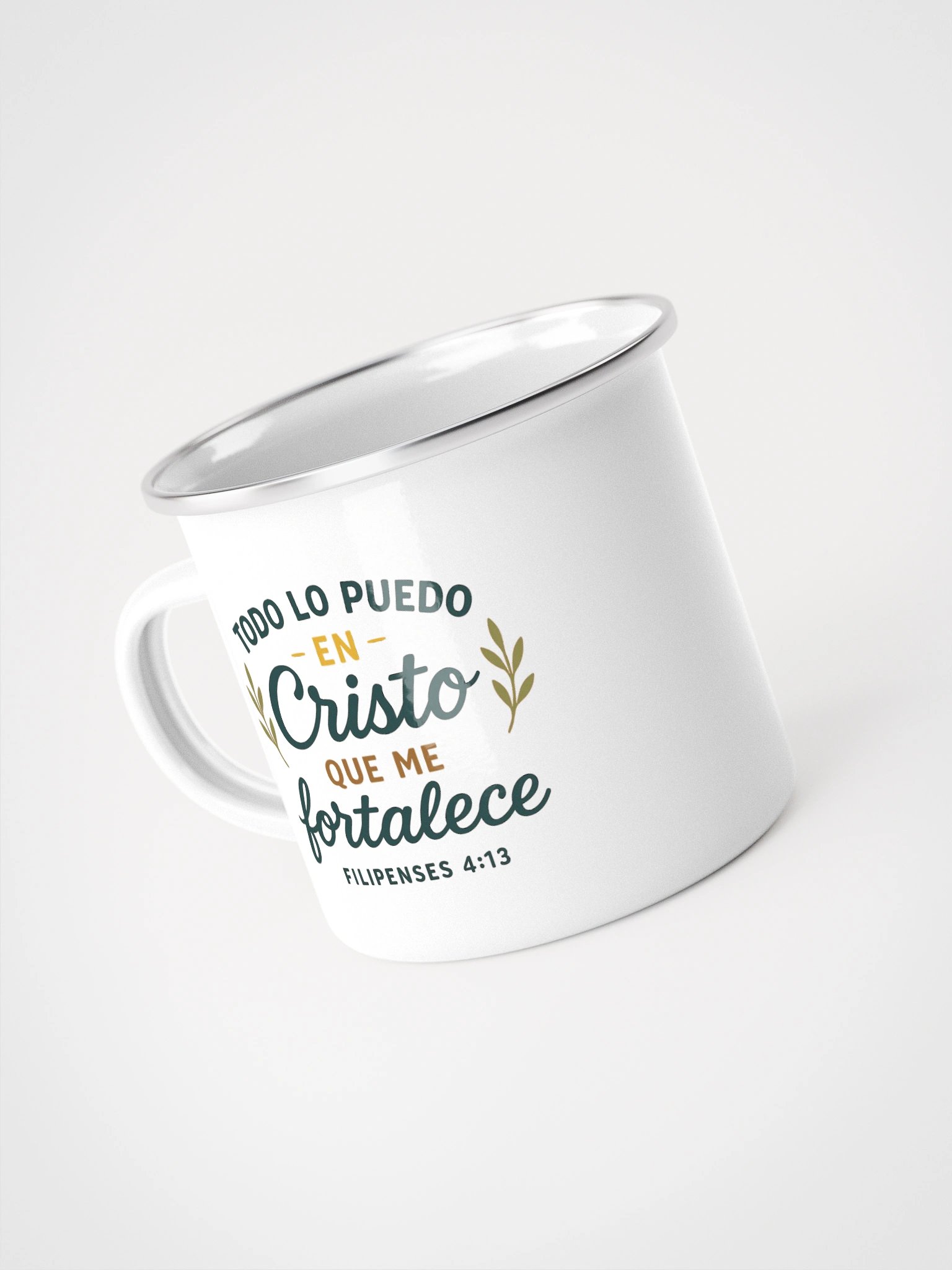 Enamel Christian Mug – “Todo lo puedo en Cristo” – Spanish Bible Verse product image (1)