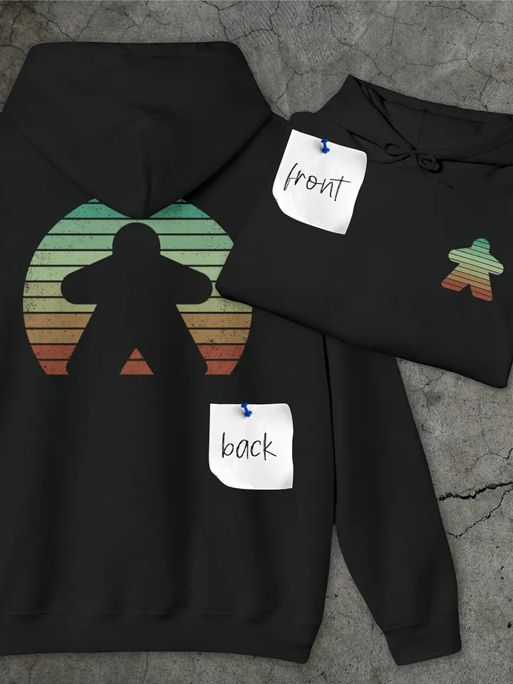 Retro Sunset Meeple Hoodie for Board Gamers - Black product image (2)