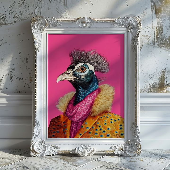 Anthropomorphic Peacock in Yellow Coat Animal Portrait product image (17)