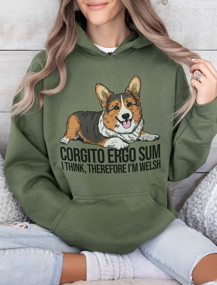 Corgito Ergo Sum Hooded Sweatshirt of a Pembroke Welsh Corgi (Tricolor) | Funny Hoodie for Herding Dog Paw-rents product image (10)