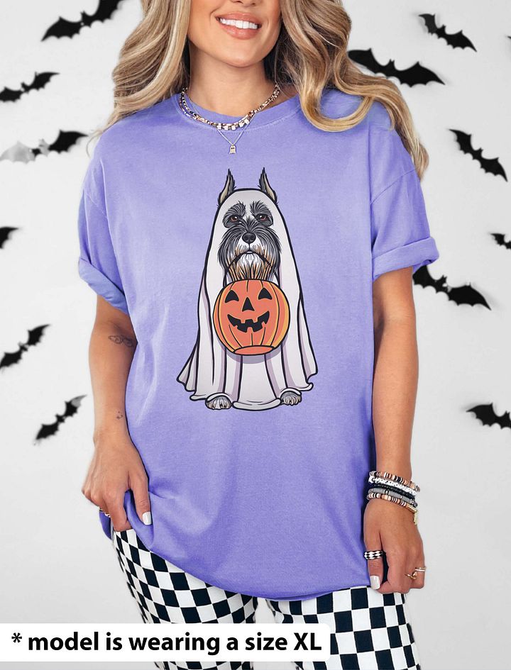 Funny Halloween Schnauzer(Cropped Ears) T-Shirt | Funny Schnauzer Wearing a Ghost Costume and Holding a Pumpkin Basket product image (24)