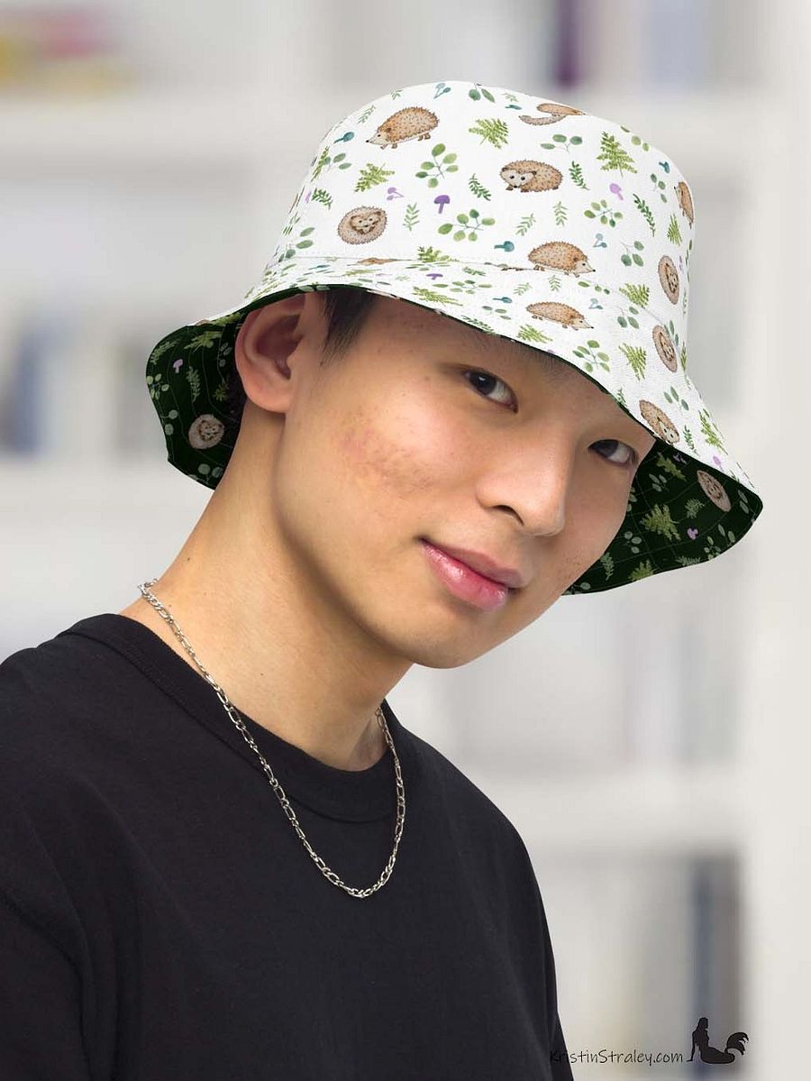 Hedgehogs Reversible Bucket Hat with Hedgehogs on White and Dark Green product image (8)