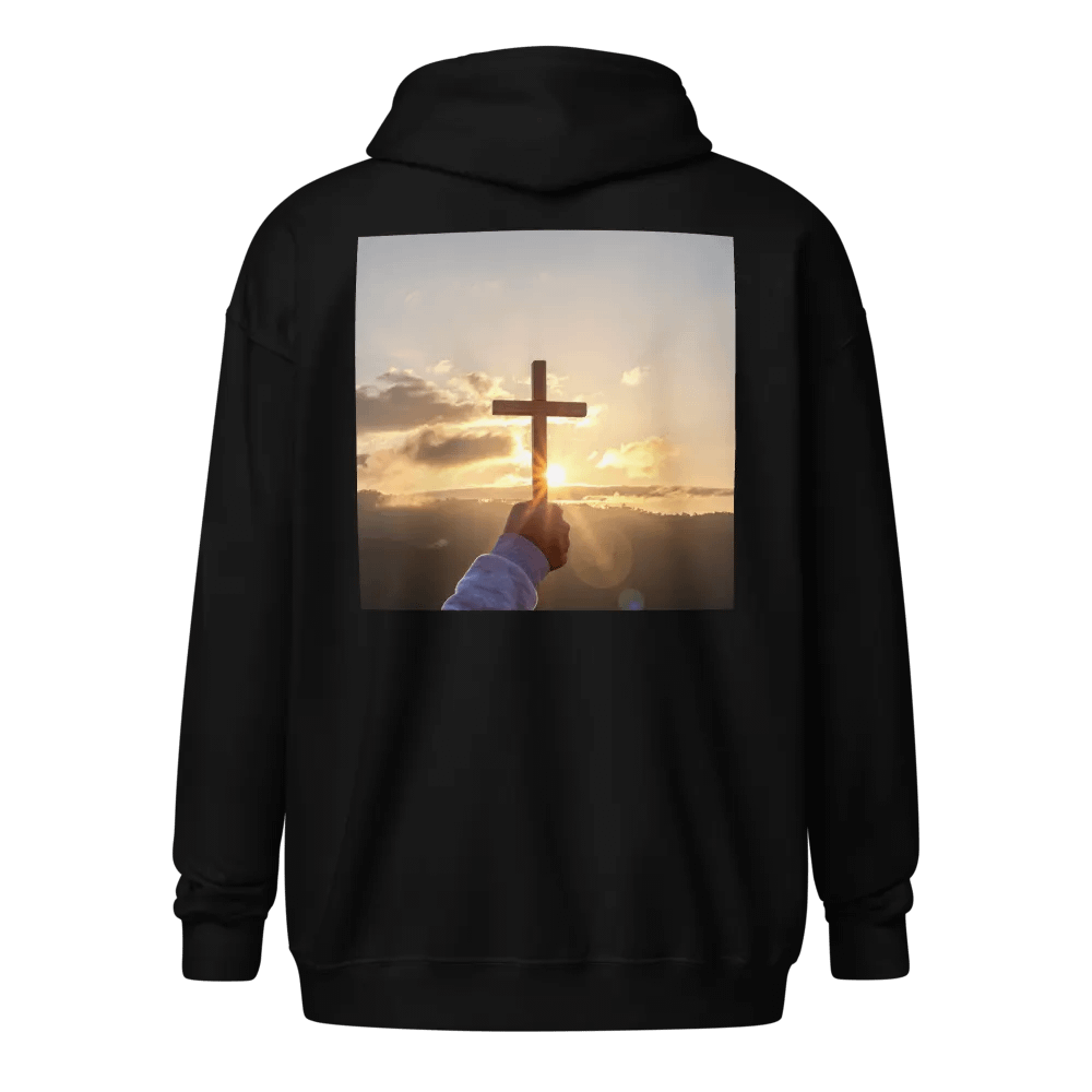 Wooden cross being held up against the backdrop of a sunrise Hoodie product image (1)