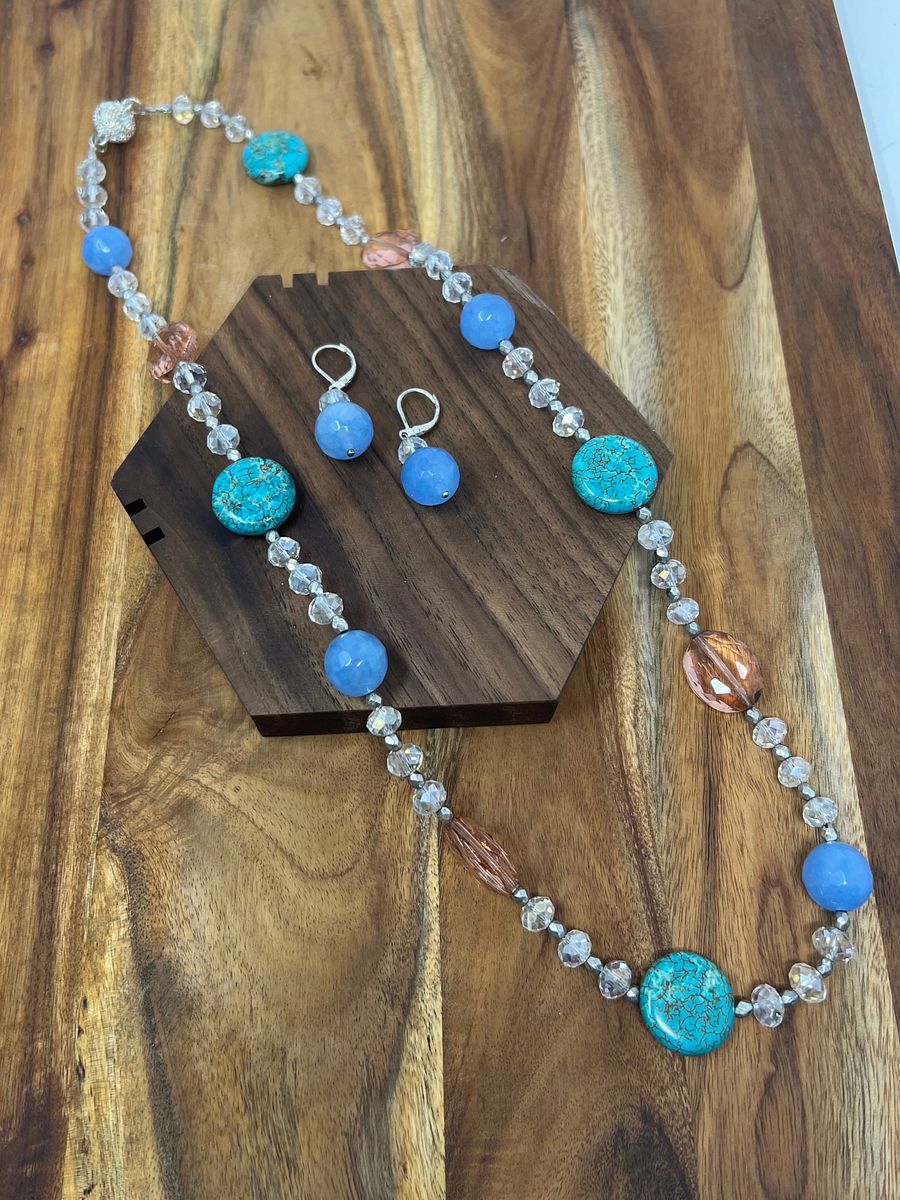 Handmade Necklace and Earring Set (Turquoise, Pink, Blue, AB Crystal) product image (1)