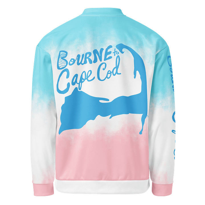 All-Over Print Bomber Jacket | Coastal Cool, City Bold | BOURNE to Cape Cod™ + BRN.2C.C.™ Style | Deep Sky Blue Logos on Patriotic Pastels product image (2)