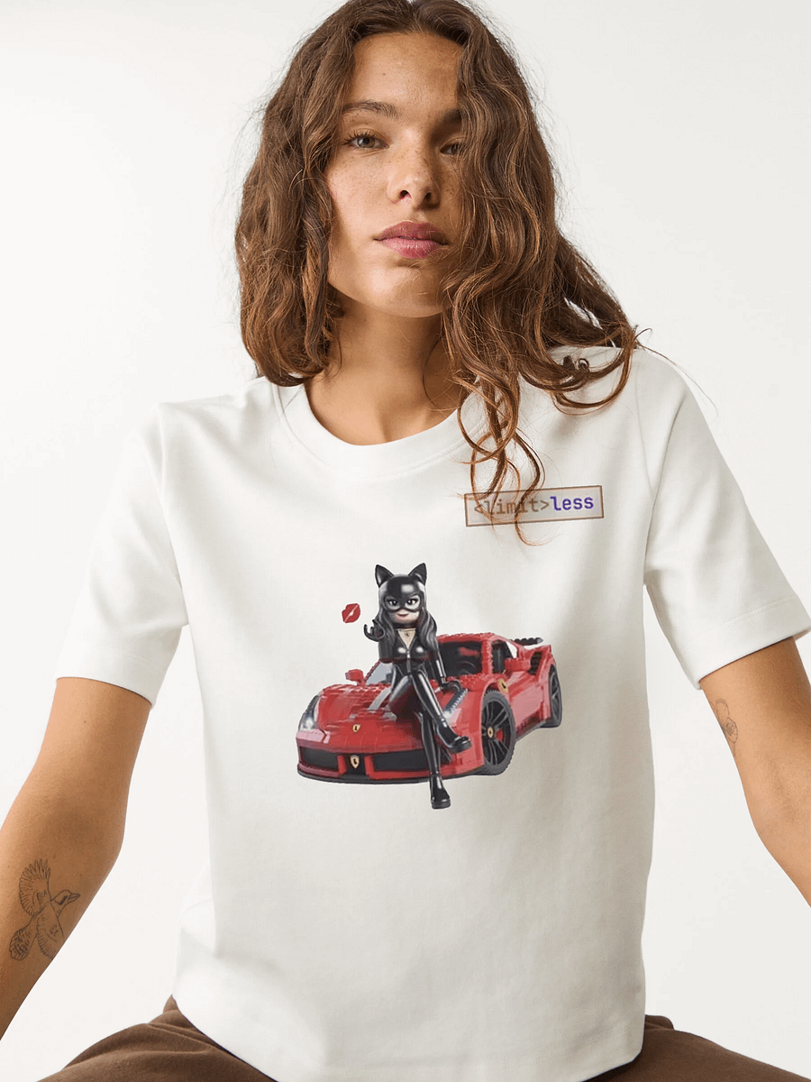 LEGO-Style Catwoman Blowing a Kiss on Ferrari – Geek T-Shirt Design product image (1)