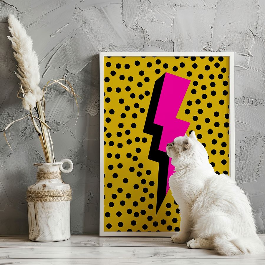 Pink Lightening Bolt on Yellow Dotted Retro Art Print product image (3)