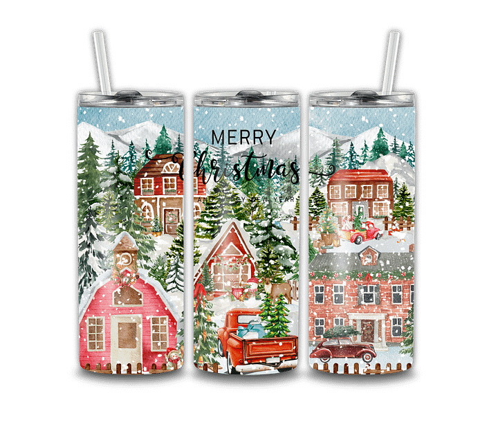 MERRY CHRISTMAS VILLAGE TUMBLER REUSABLE STRAW product image (1)
