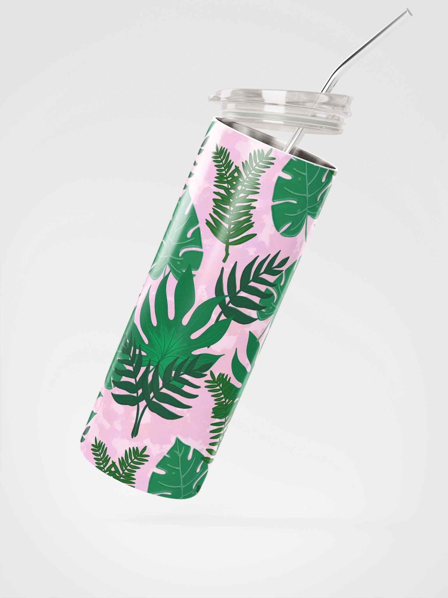 Jungle Leaves Pattern- Pink Background Stainless Steel Tumbler product image (3)