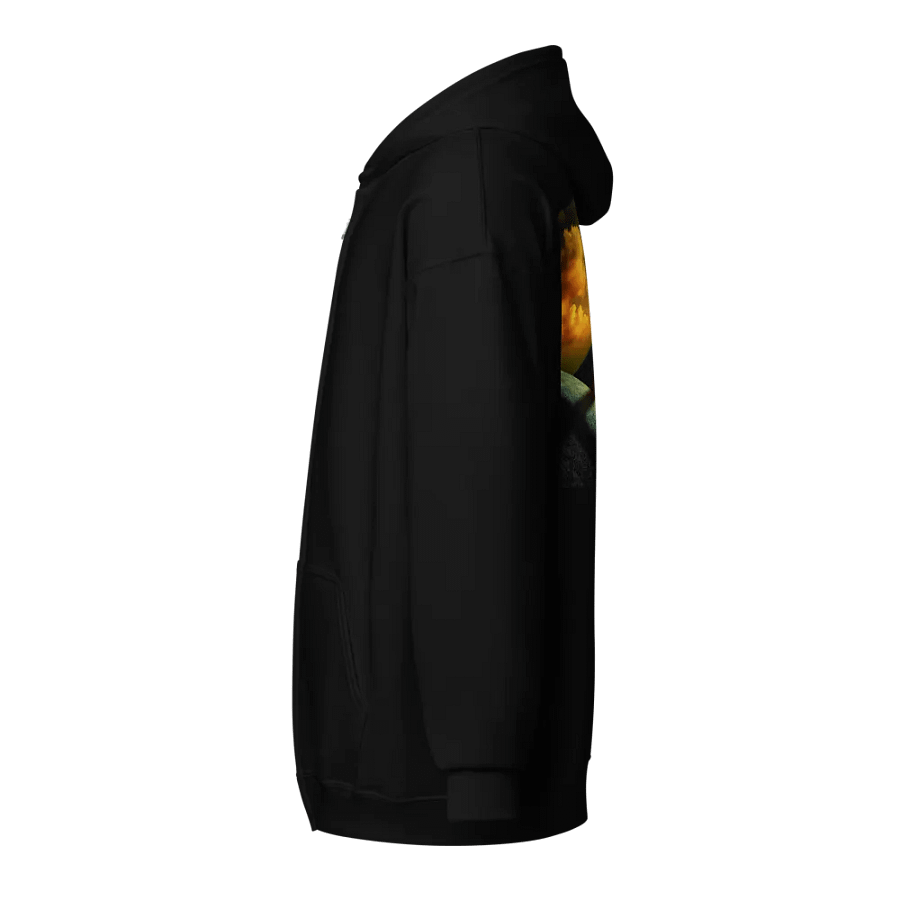 A cross standing prominently on a grassy hill, with a vivid, dramatic background Hoodie product image (3)