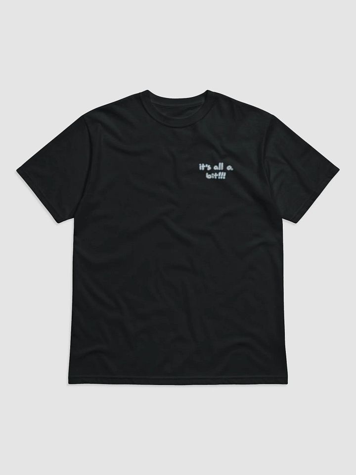 “It’s all a bit!!!” (sm. lined design, #709AAF) unisex eco tee product image (2)