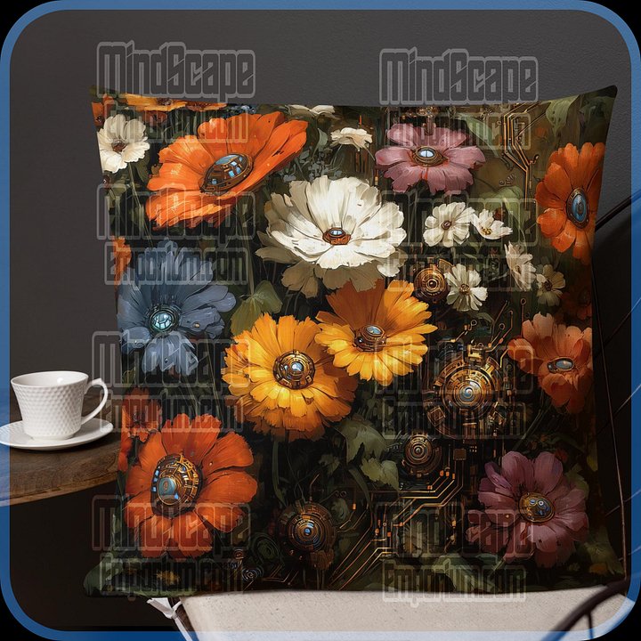 Futuristic Floral Cushion | Tech Botanical Art Pillow | Colourful Cyber Blooms Home Dec product image (1)