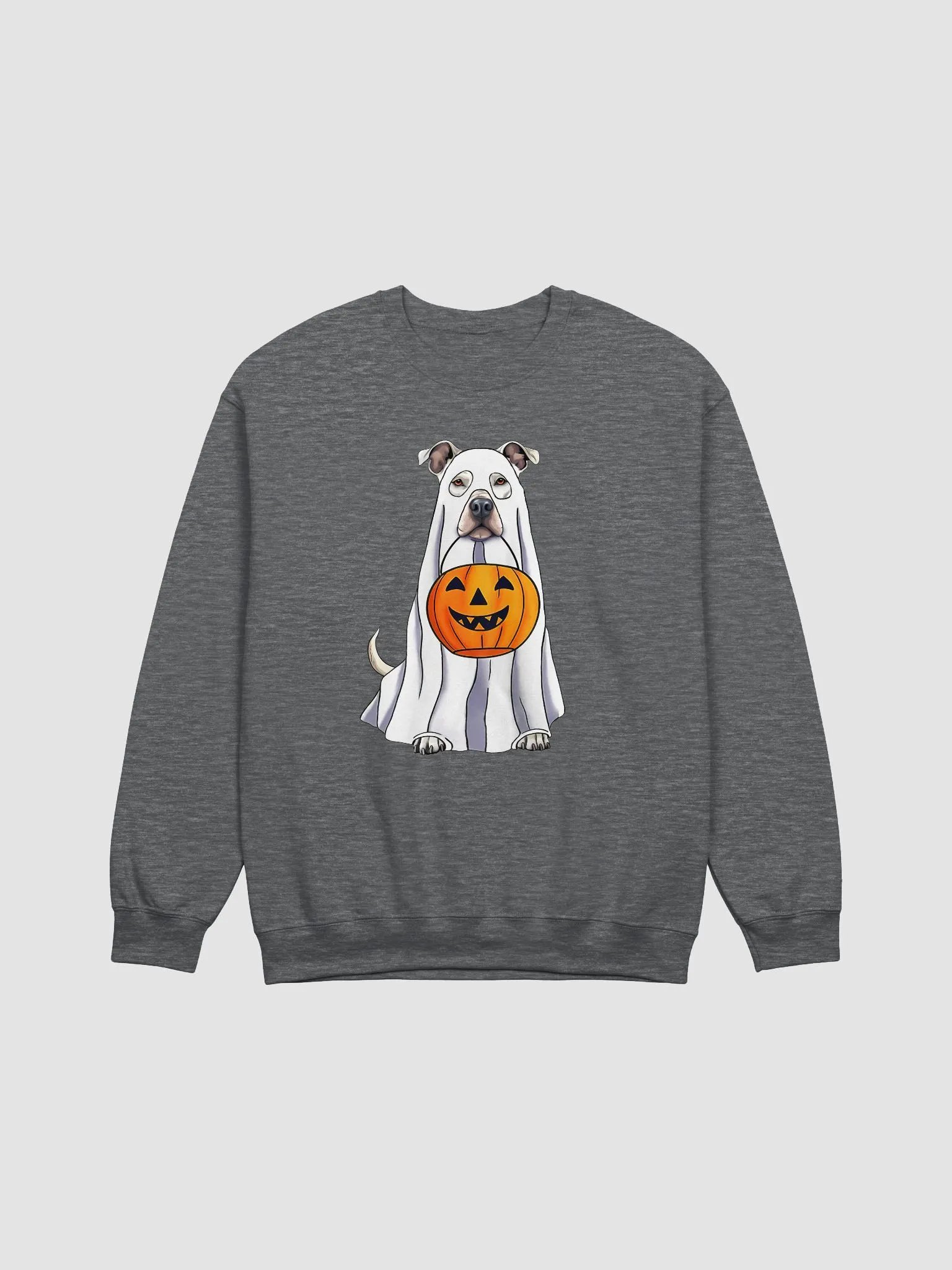Pitbull(White) Halloween Sweatshirt | Funny Halloween Staffordshire Wearing a Ghost Costume with Pumpkin Basket product image (7)