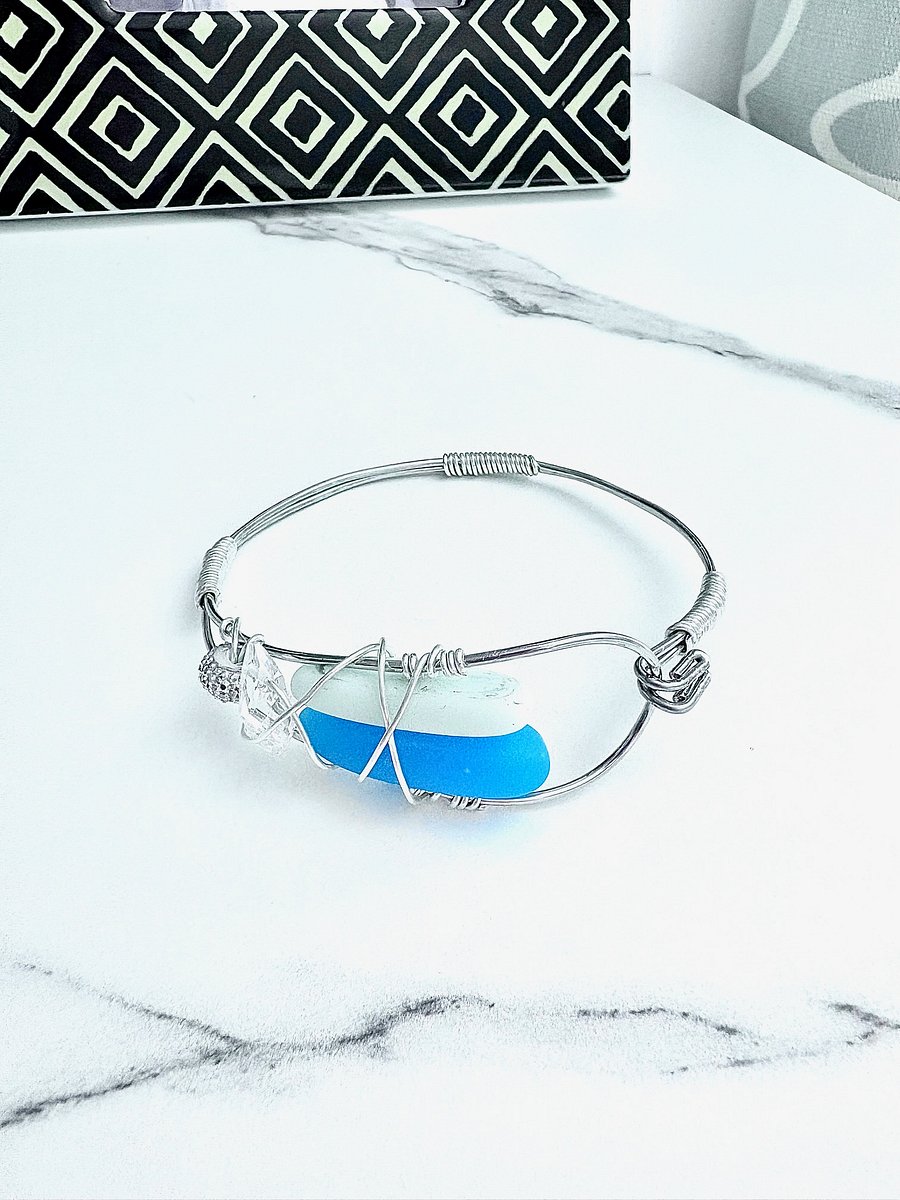 Ocean Whispers Wire-Wrapped Sea Glass Bracelet | Handmade 8" Coastal Charm by Monique Faella Designs™ | MFD-00202 product image (3)