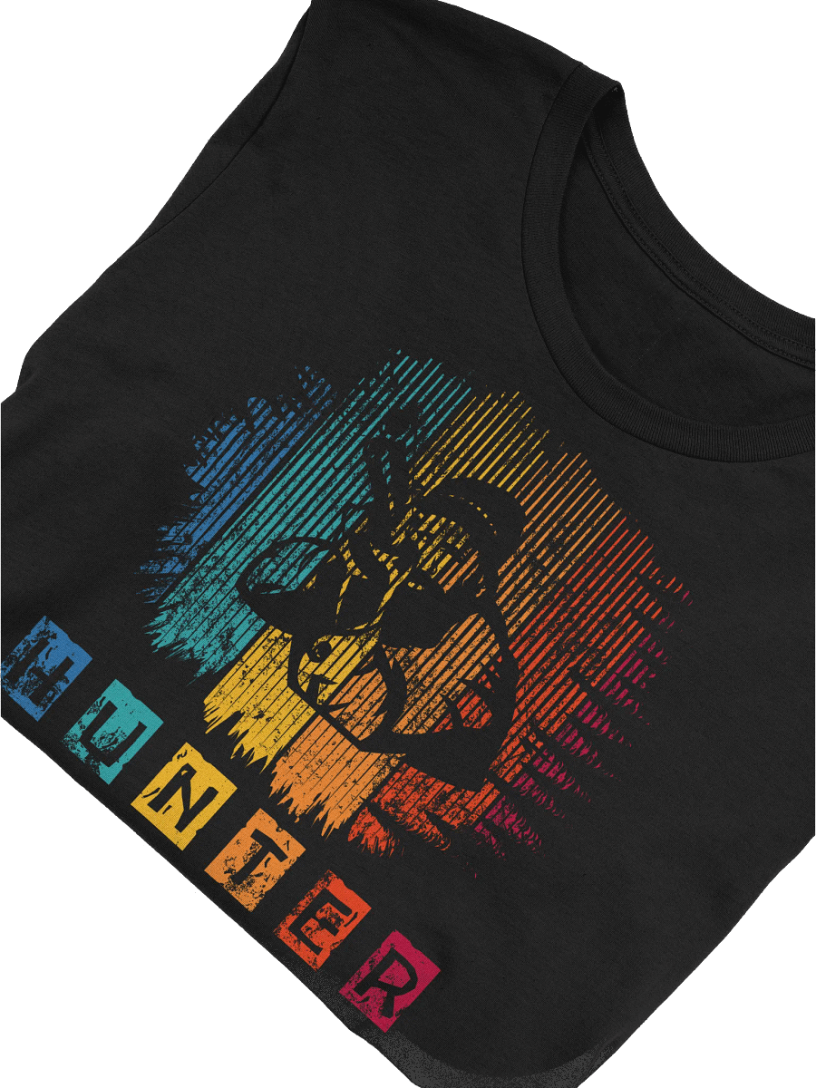 Retro Colorful Hunter T-Shirt – Distressed Silhouette & Bold Rainbow Design for Hunting Fans product image (5)