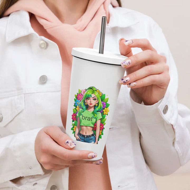 Brat 20 oz Tumbler Cup - White - Insulated Tumbler with a Straw v2 product image (2)