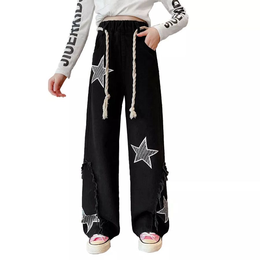 Kids Girls Jeans Unique Denim Pants Star Printed Trousers Ripped Casual product image (4)