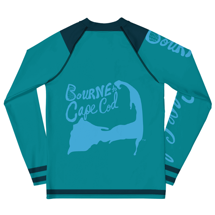 YOUTH | Rash Guard | BRN.2C.C.™ Front Graphic | BOURNE to Cape Cod™ Sleeve & Back Logo | Coastal Swim Shirt for Kids | UV Protection Activewear | Blue Logo on Blue Stripes product image (2)