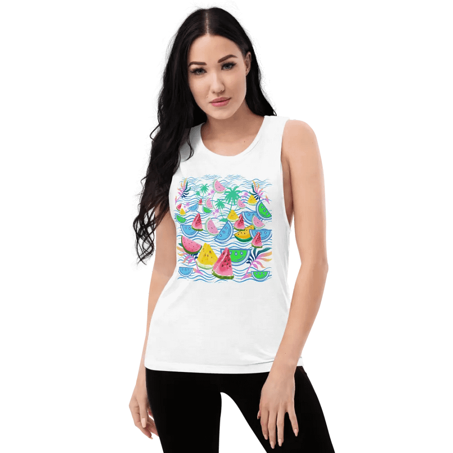 Ladies flowy muscle tank with fun tropical watermelon design for holiday vibe in summery colors product image (8)
