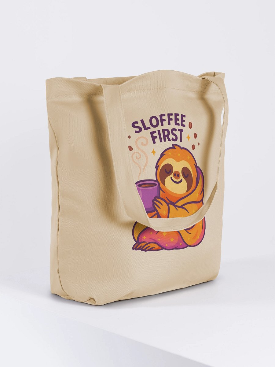 Sloffee First – Funny Sloth Coffee Tote Bag (Double-Sided Print) | Eco Cotton Tote for Caffeine Lovers – Sloths Having Snacks Collection product image (4)