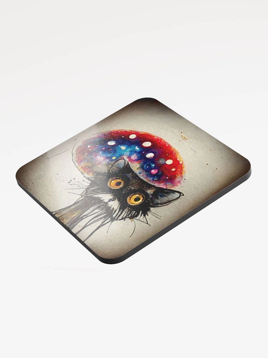 Whimsical Cat and Mushroom Glossed Cork Coaster product image (3)