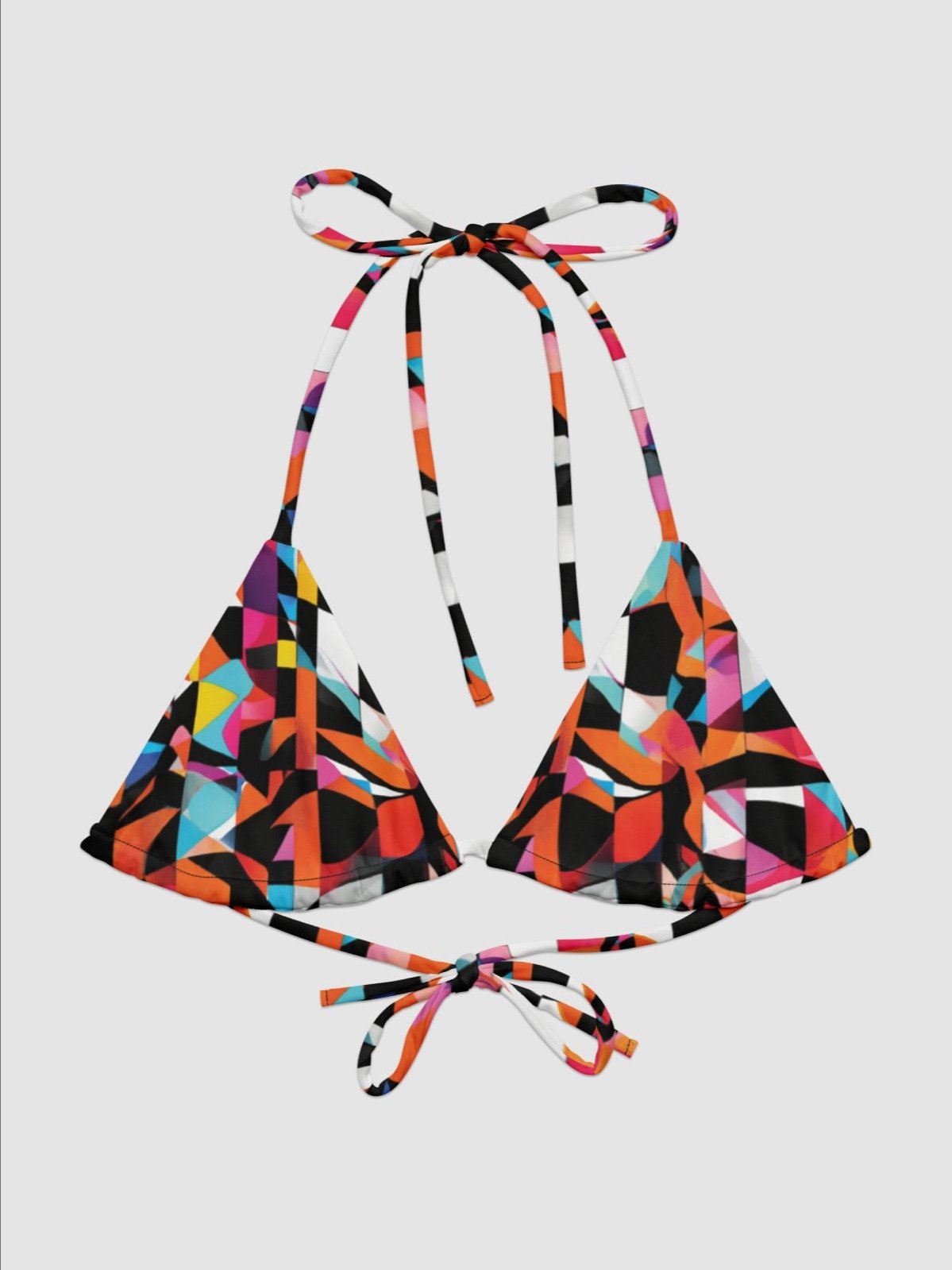 Recycled Padded String Bikini Top "Colorful Modern Abstract Checkered Art Printed" product image (2)