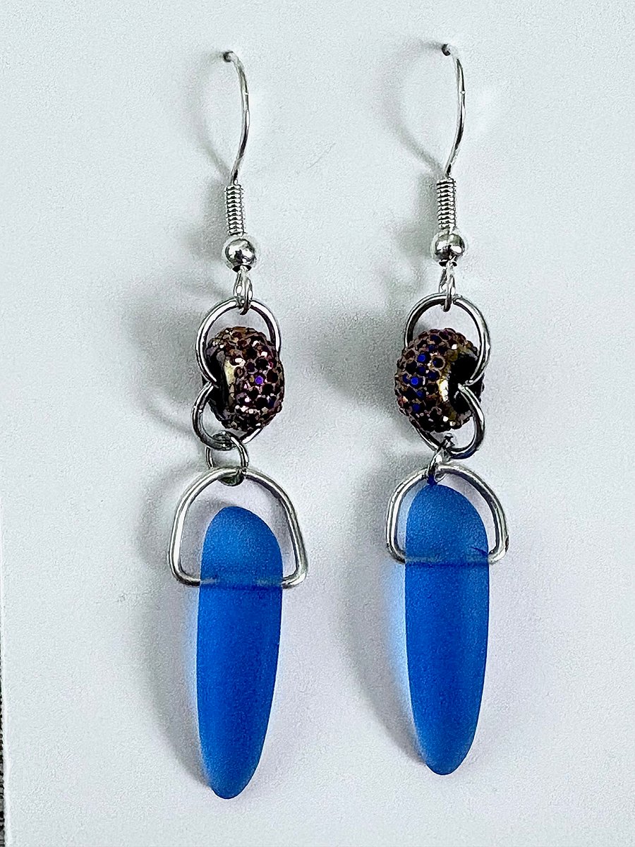 Sea Glass Drop Earrings | Medium Blue & Blush-Tone Sparkle Beads | Handmade Coastal Charm Jewelry by Monique Faella Designs™ | MFD-00111 product image (3)