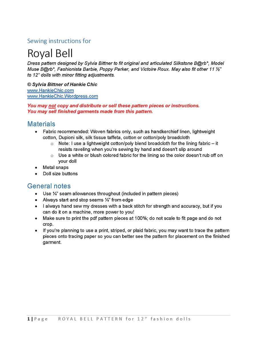 Royal Bell sewing pattern for 12" fashion dolls product image (2)