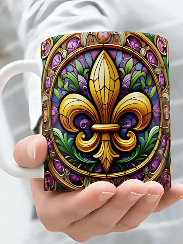 Happy Mardi Gras Fleur de Lis Mug Wrap – 11oz & 15oz Sublimation PNG Design – Elegant Symbol with Festive Carnival Colors – Instant Digital Download – High-Resolution 300 DPI product image (1)