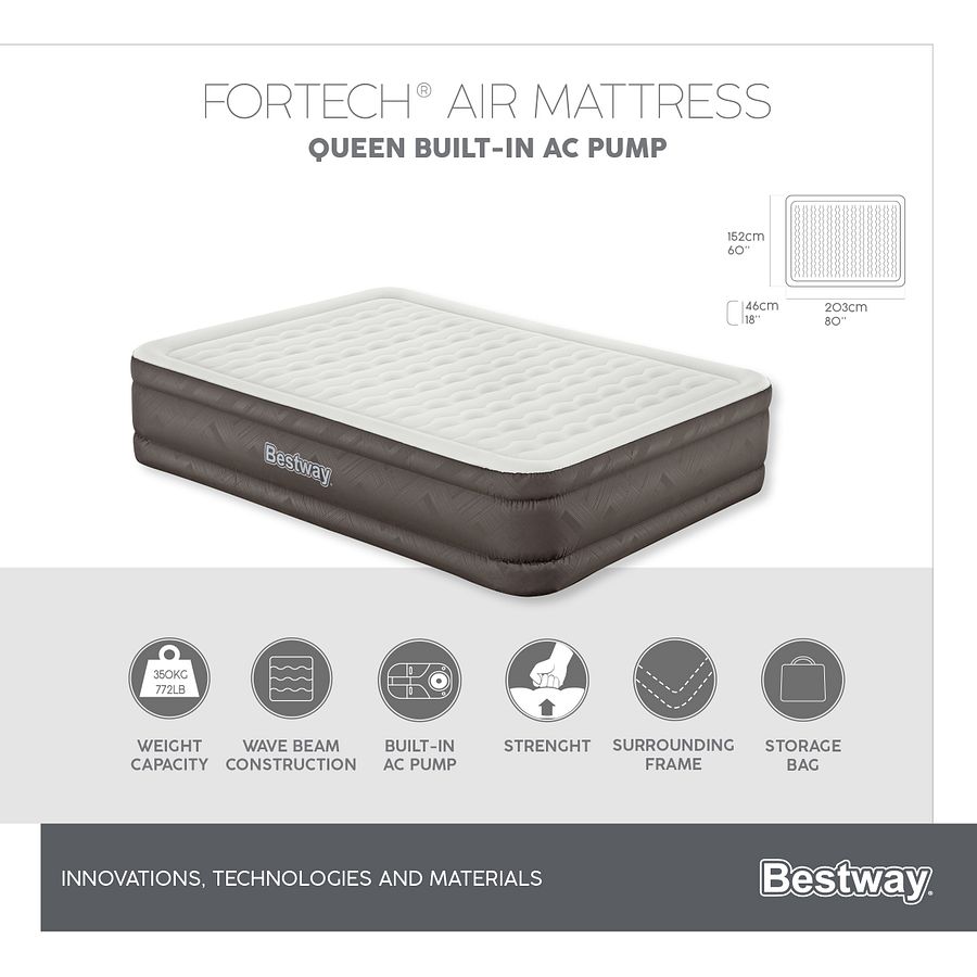 69050 Bestway® 80" x 60" x 18"/2.03m x 1.52m x 46cm Fortech Air Mattress Queen Built-in AC pump product image (9)