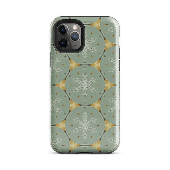 Tough Phone Case for iPhone® - Gold on Green Geometric Honeycomb Snowflakes product image (2)