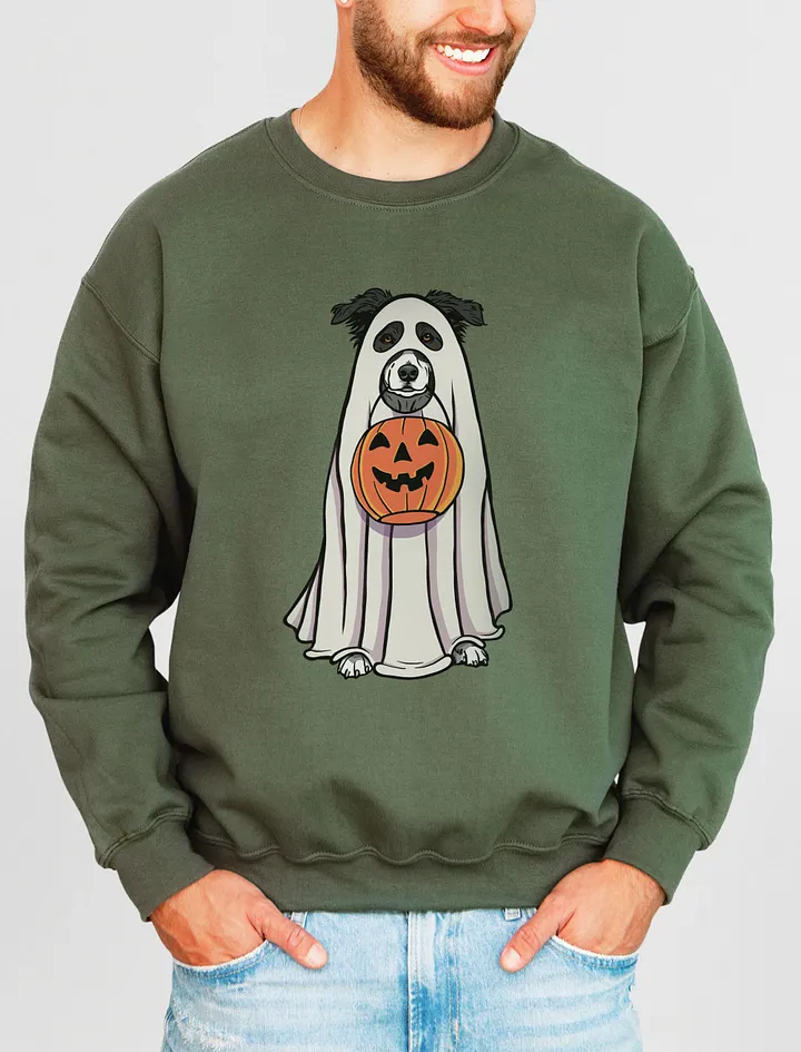 Funny Halloween Australian Shepherd(Black and White) Sweatshirt | Funny Aussie Wearing a Ghost Costume and Holding a Pumpkin Basket product image (11)