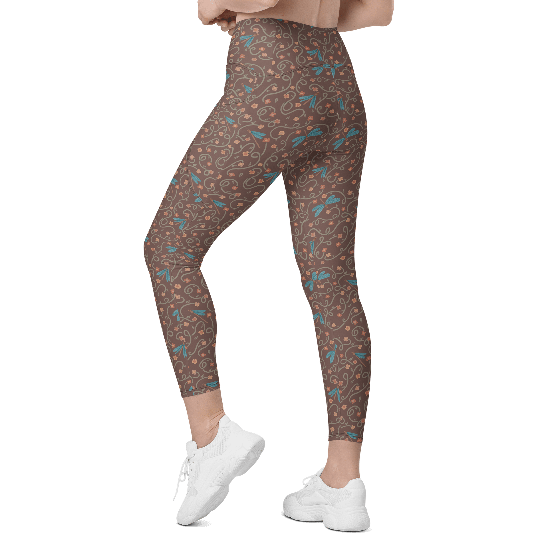All-Over print leggings with pockets. Dragonfly and floral artistic activewear product image (5)