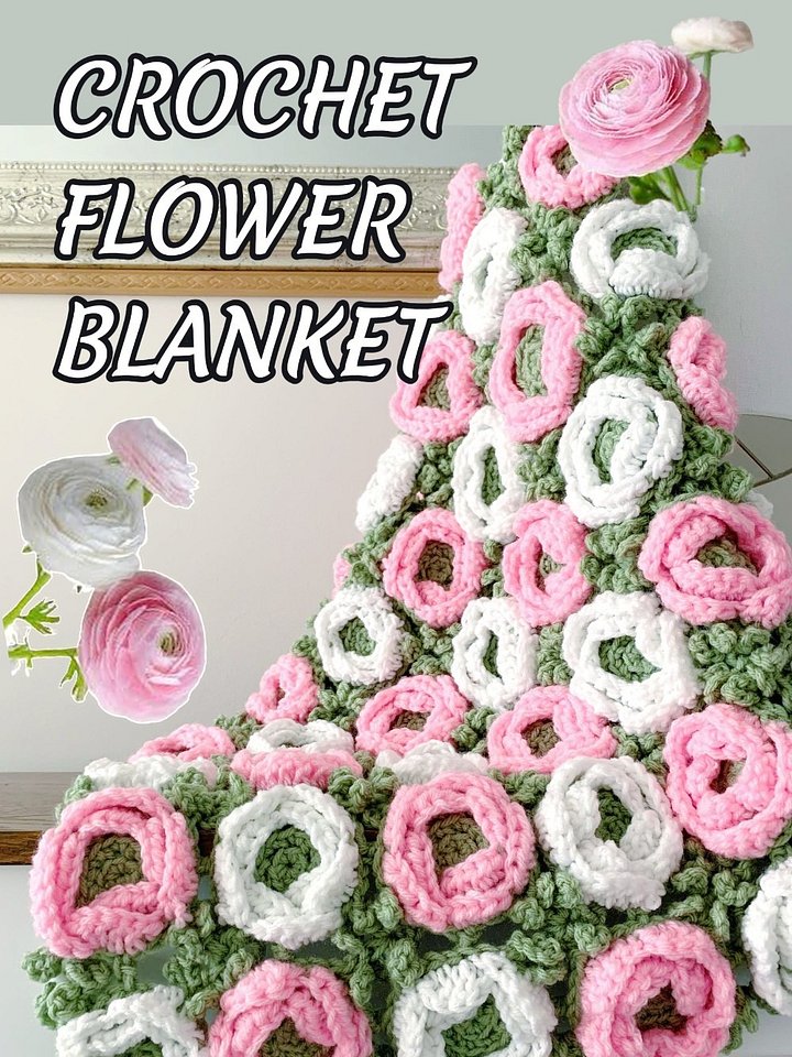 Ranunculus Flower Motif Crochet Blanket Pattern, PDF Instant Download, Cute Home Accent Throw Floral Housewarming Baby Shower Gift product image (1)