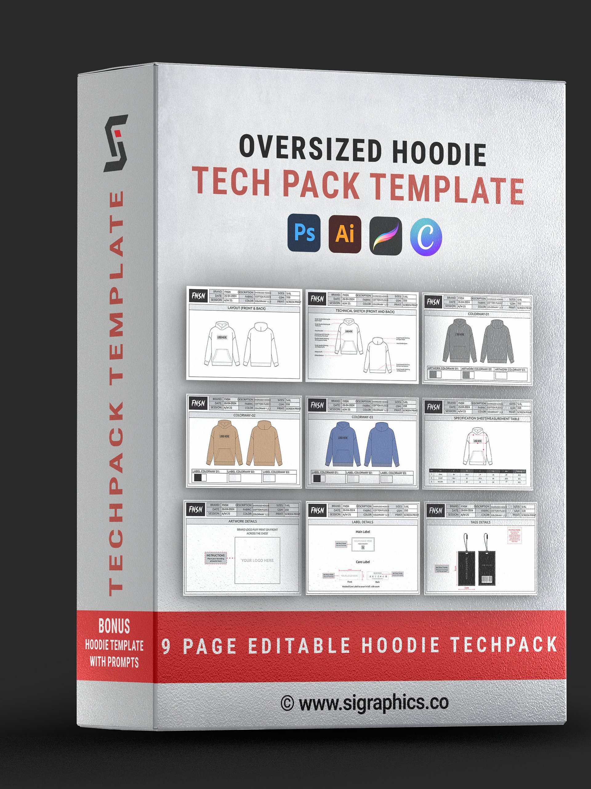 Unisex Oversized Hoodie Techpack Template product image (1)