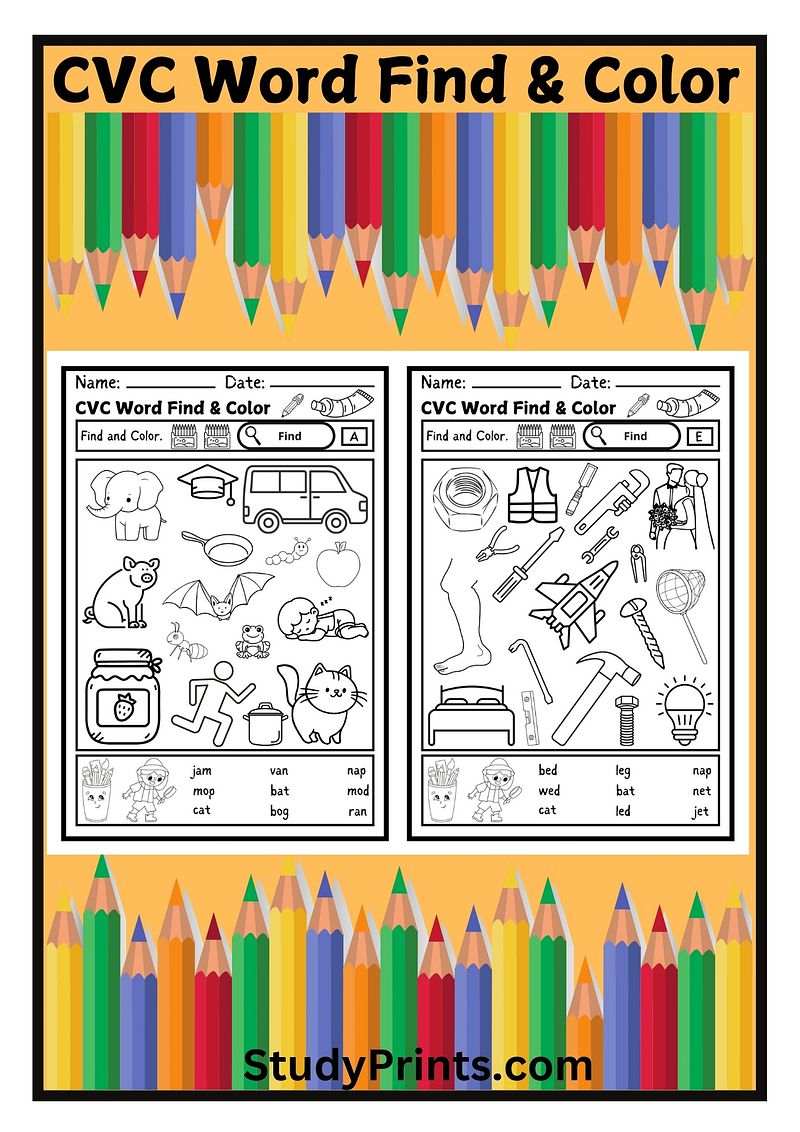 Find and Color - CVC Word Fun Worksheets PDF Printable