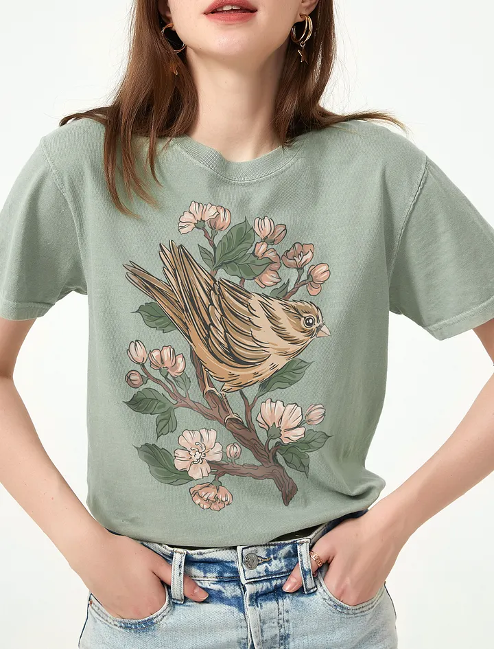 Goblincore and Cottagecore Shirts for Bird Lovers | Sparrow Among Cherry Blossoms Botanicals T-Shirt product image (1)