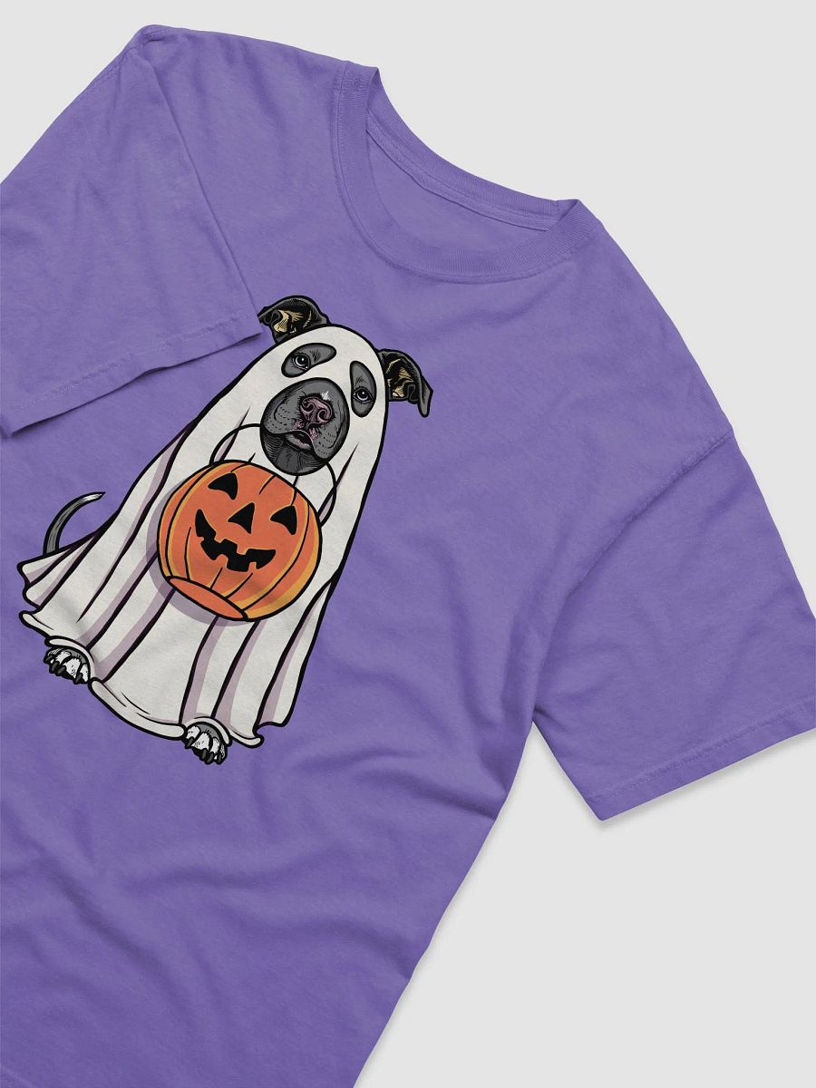 Funny Halloween Pitbull Terrier(Blue) T-Shirt | Funny Pittie Wearing a Ghost Costume and Holding a Pumpkin Basket product image (29)
