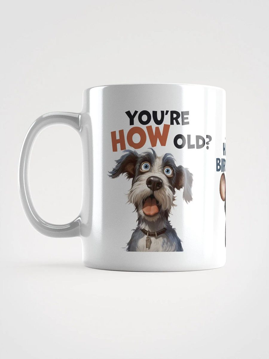 "You're HOW old?" Shocked dog, mouse and cat. White glossy mug product image (3)