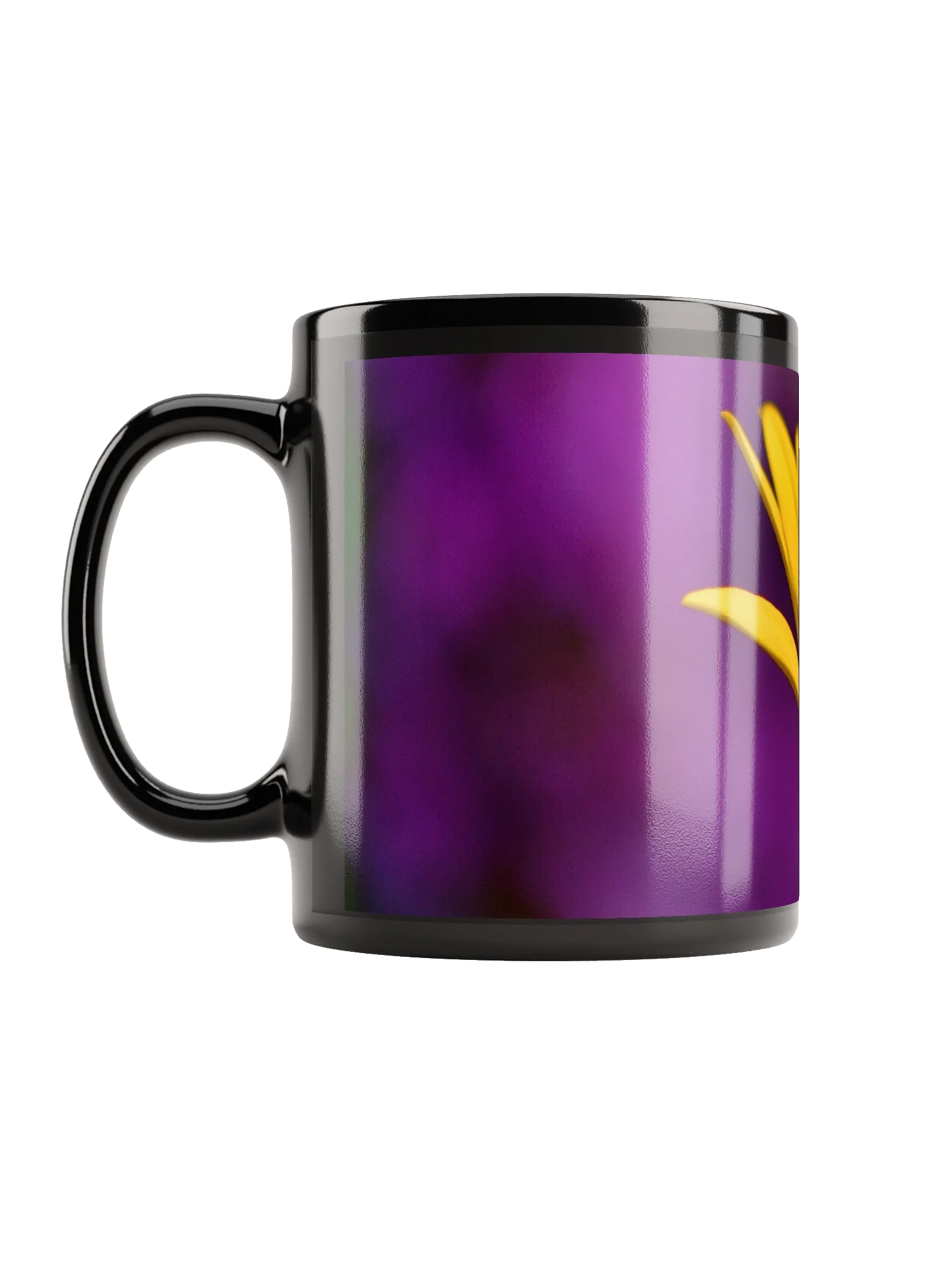 Keramiktasse schwarz - leuchtend gelbe Blüte vor violettem Hintergrund product image (6)