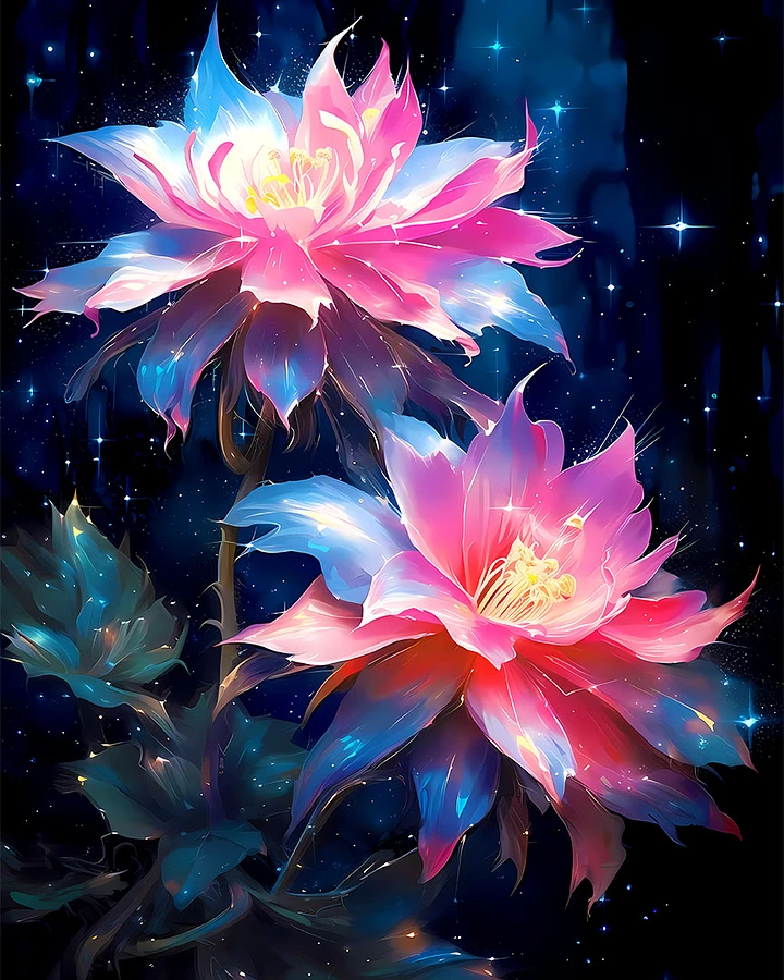 Galactic Blossoms Poster: Iridescent Flowers Amidst Starlight Matte Poster product image (1)