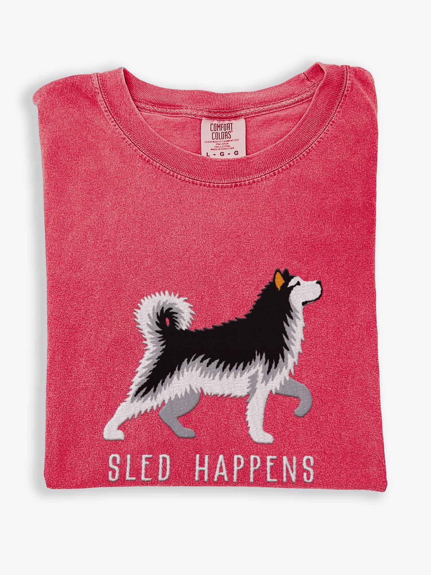 Sled Happens T-Shirt(Embroidered) of an Alaskan Malamute(Black & White) product image (1)