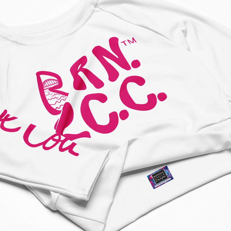 BOURNE to Cape Cod™ Crop Top | BRN.2C.C.™ Coastal Bold | Recycled Long Sleeve Statement Wear 🌊💃☀️ | Vibrant Pink Logos on White product image (4)