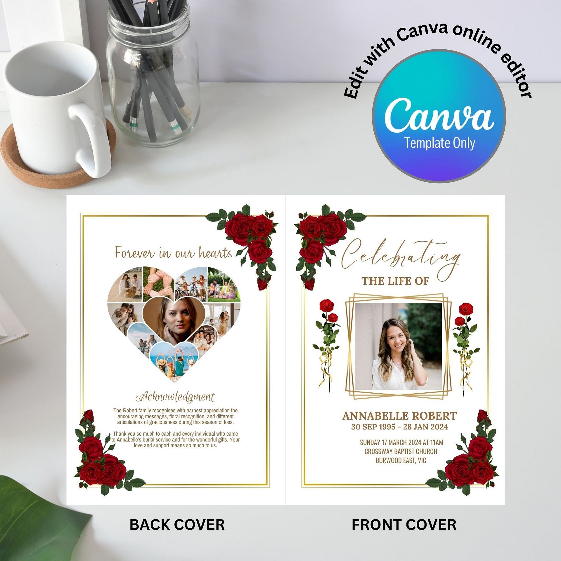 Red Roses Funeral Program Canva Template product image (4)