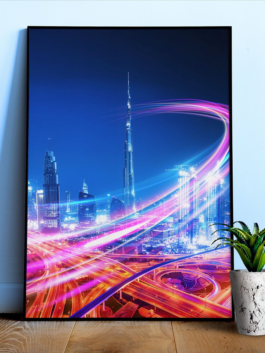 Neon city: Dubai, Burj Khalifa #2 (synthwave/vaporwave/retrowave/cyberpunk) — aesthetic poster product image (1)