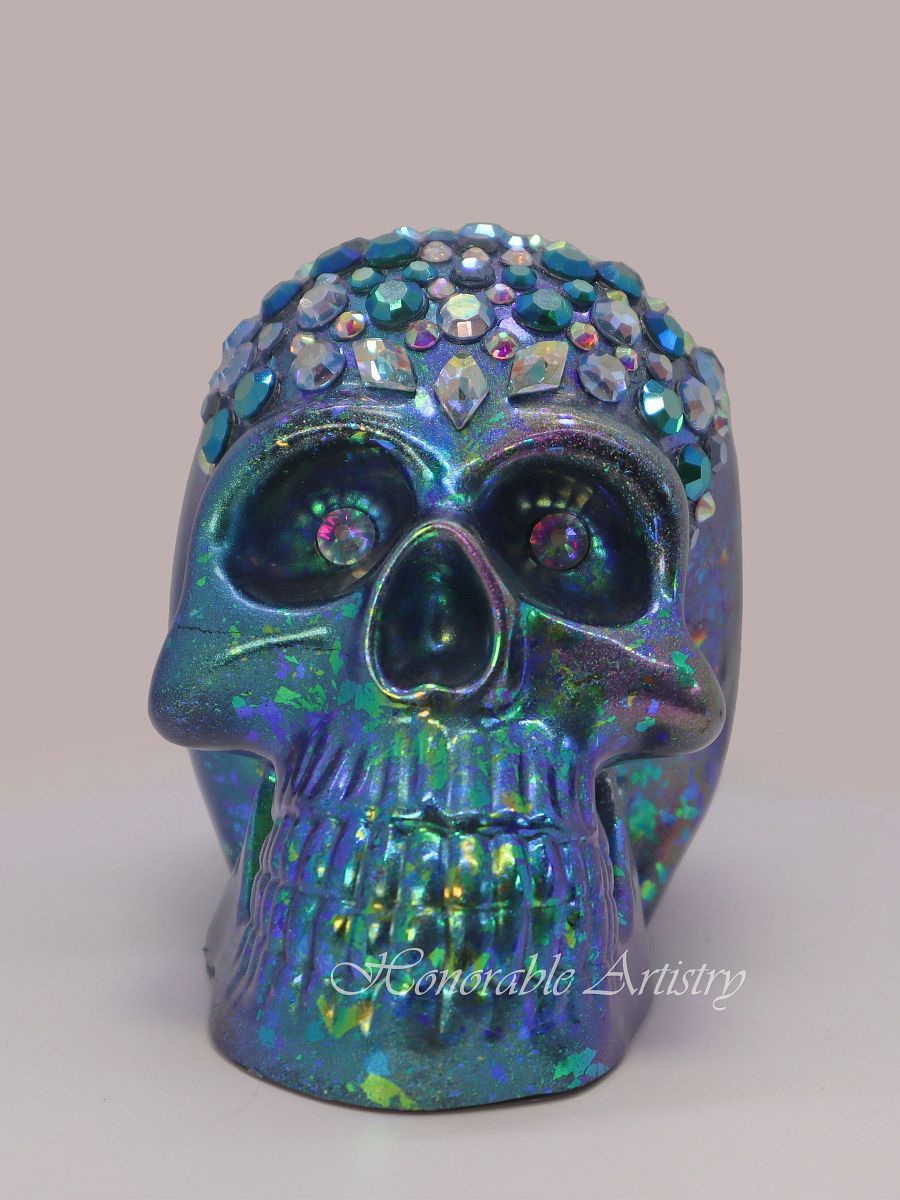 Blue-Green Colorshift Rhinestone Resin Skull product image (4)