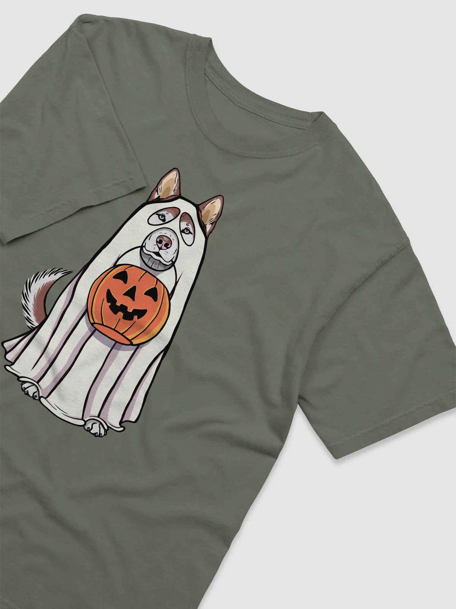 Funny Halloween Siberian Husky(Red) T-Shirt | Funny Husky Wearing a Ghost Costume and Holding a Pumpkin Basket product image (6)