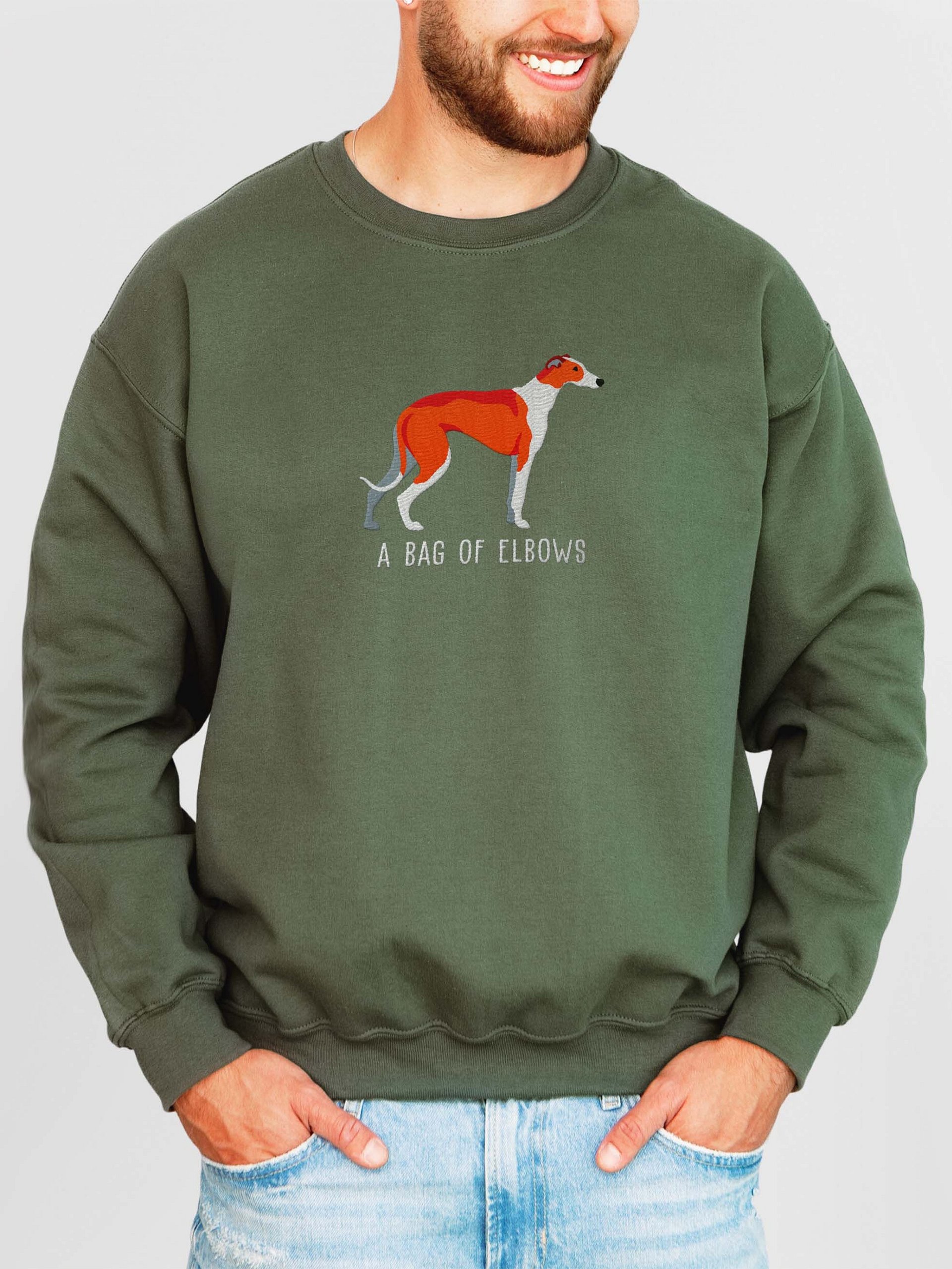 A Bag of Elbows Sweatshirt (Embroidered) of an English Greyhound(Red & White) product image (2)